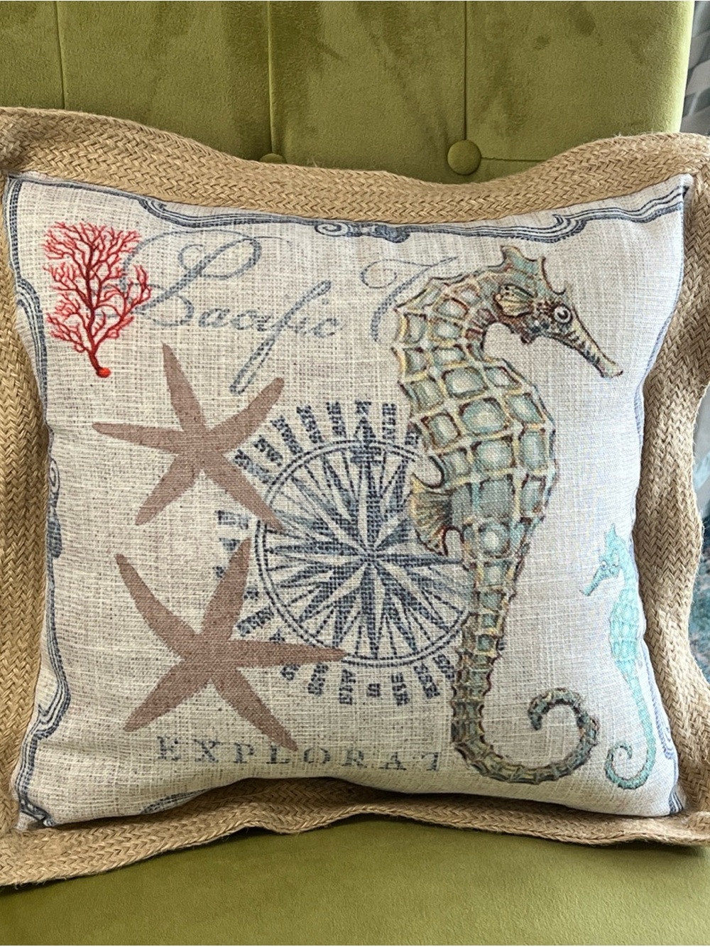 Coastal Seahorse Decorative Pillow - Beige & Aqua 20”x20” Rope Edge